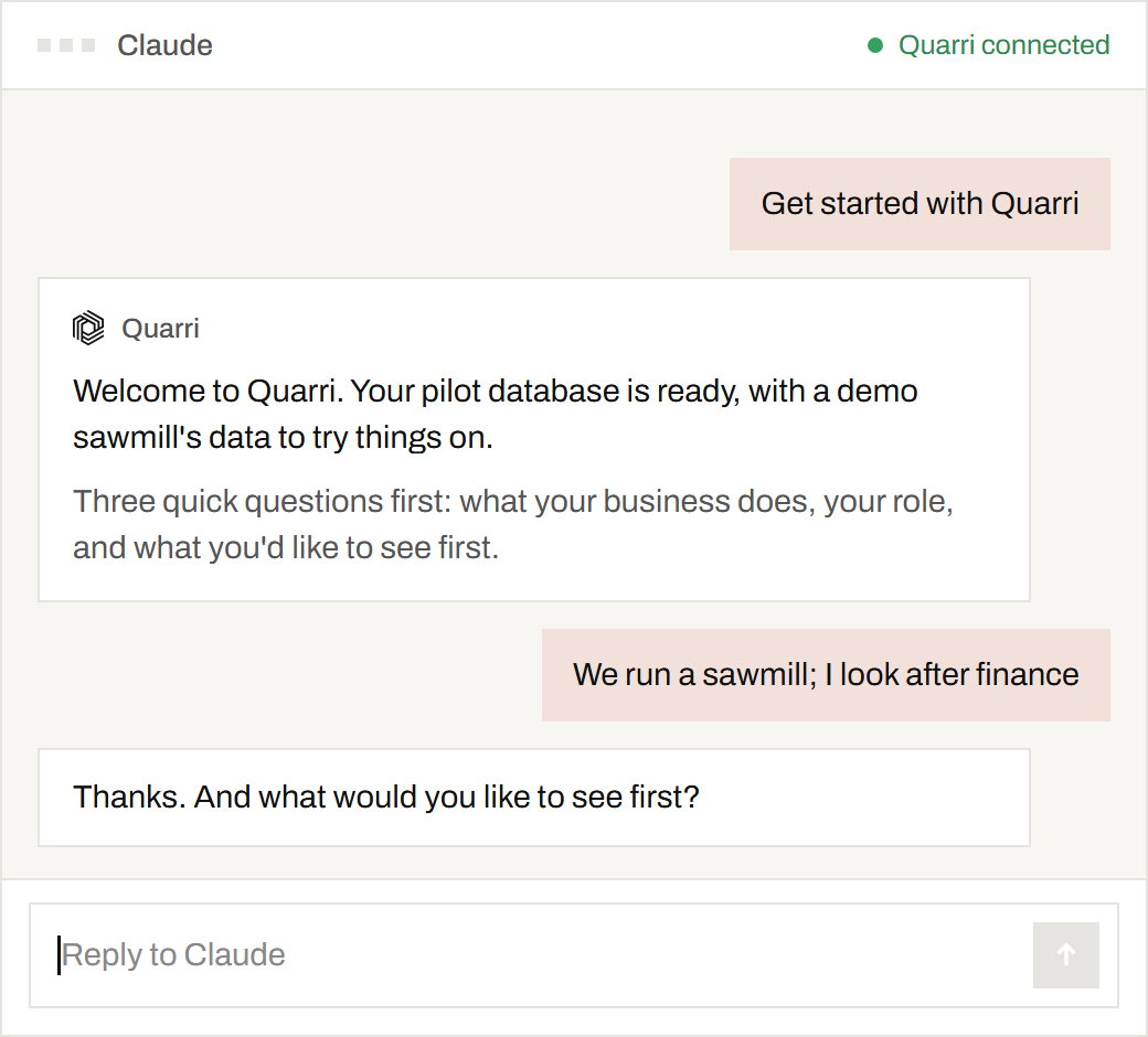 Claude chat: Get started with Quarri and Quarri's welcome